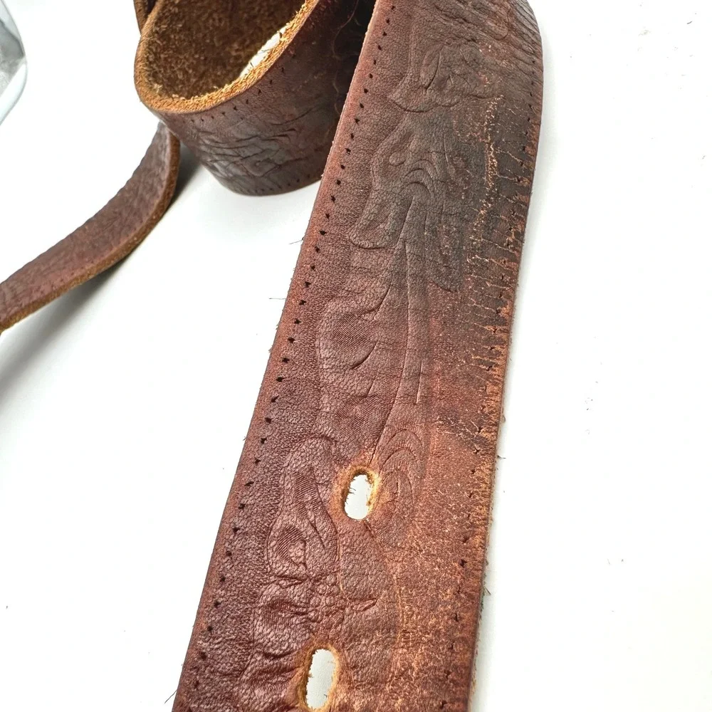 Vintage Western Embossed Leather Cowboy Belt Agate Stone Trophy Buckle Brown 34